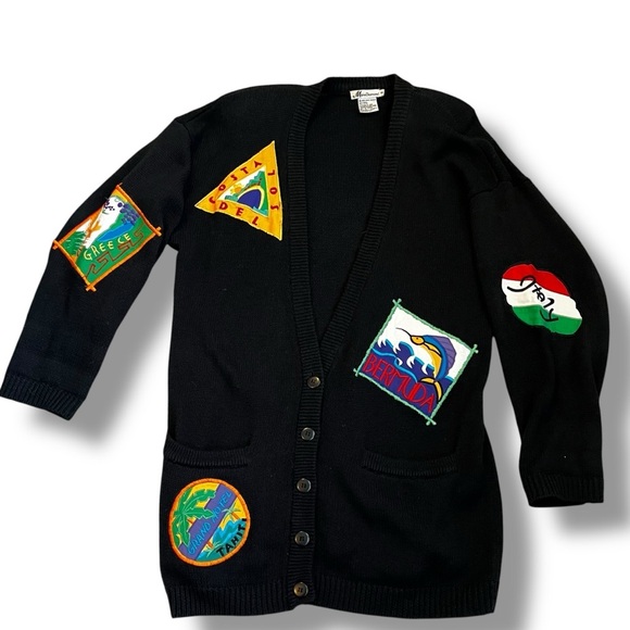 Vintage 90s Marie Diamond Long Cardigan Embroidered Travel Patches Black Small - Picture 1 of 9